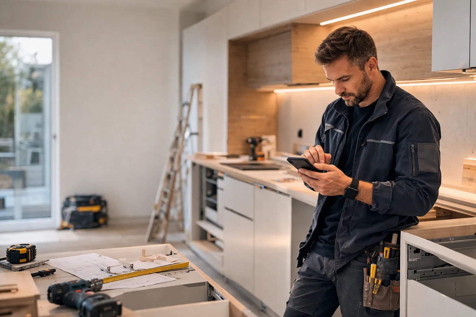 Monteur auf der Baustelle mit Smartphone in der Hand